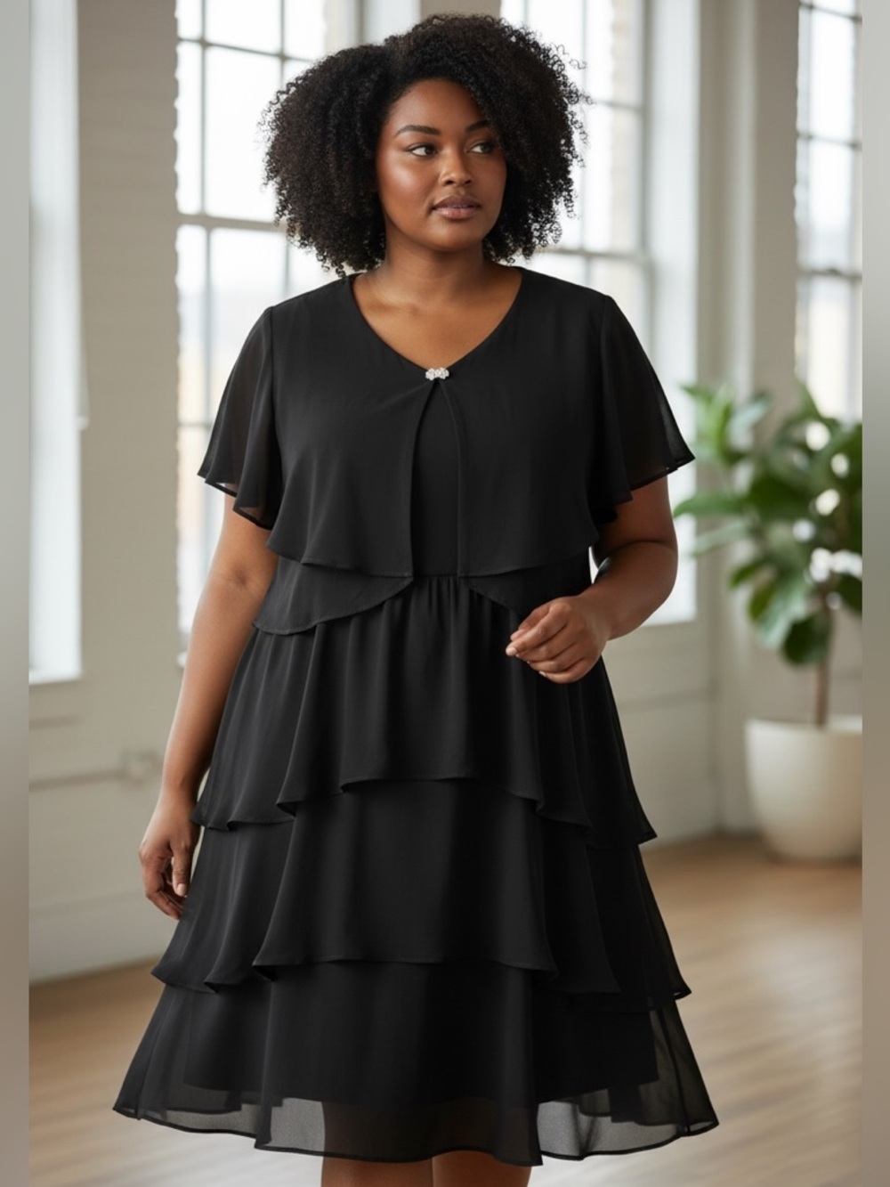 SLNY Black Layered Chiffon Maxi Dress with Brooch